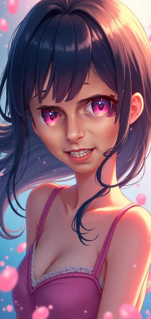( lilica felchenerow (arcana heart) cosplay), (skates, gold sleeveless parka, purple tube top, purple spandex shorts, purple collar, bat wings), ((masterpiece,best quality, hyper-hdr, very darkskin, 8k uhd, hyper-detailed)), connie maheswaran, long hair, black hair, pink blade, fangs, full shot, smile, big breast, age 25, sensual pin-up, flirty cleavage tease