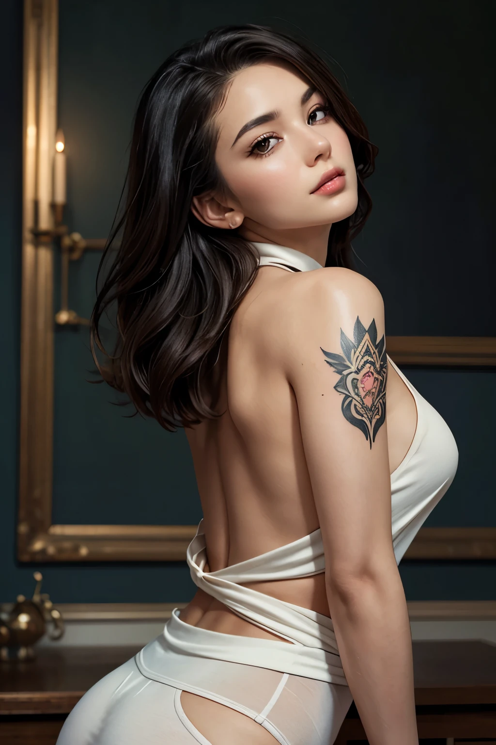 Anime-style woman, thin, thin, whole body, Full of tattoos, Lots of earrings, Beautiful and shiny hair, Rainbow Eyes, Slanted Eyes, Wavy Hair, Kind and charming, shoulderを露出させる, Delicate and sexy collarbone, Attractive oval face, double eyelid, Pink Lips, Small Nose, Concentrated face, Ultra-high resolution, Very detailed, Graceful posture, Nice, ultra-thin, See through, Metal Blue Gold Bishamon Helmet Mesh Tight Dress,（arm、shoulder、Tribal tattoo pattern body paint on chest），Glowing Skin, Realistic Background, sunlight，(From below:1.3)，(Looking down, Display in viewer:1.3)