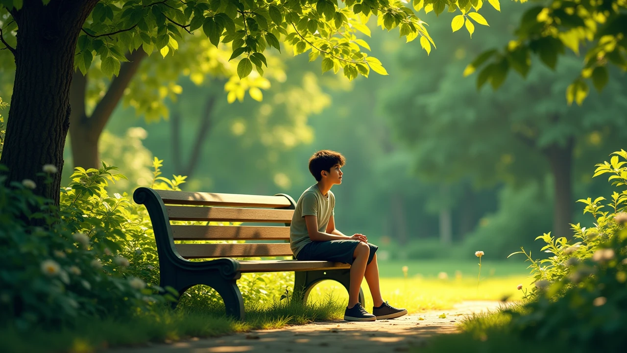 A boy sitting on the floor, leaning against the tree