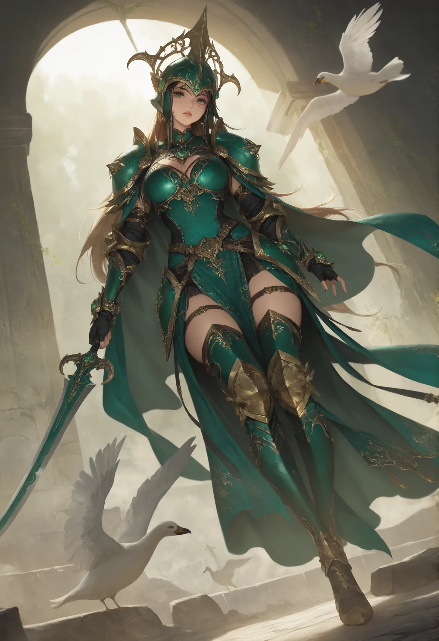 1girl,jade_gate_bandit, stolen_brocade_wrapped_as_armor, scimitar_engraved_with_flying_goose
,masterpiece, best quality, newest, highres, absurdres,