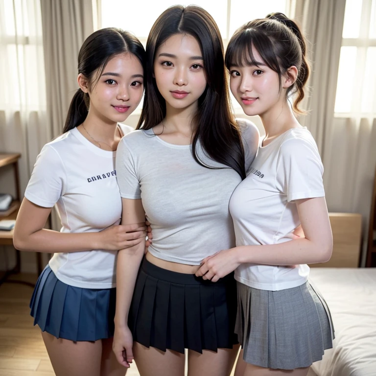 three girls, line up, side by side, three beautiful young Asian student, Student, sitting, line up, wearing Grey skirt, white uniform, upskirt lifting, show panties, detailed panty, long hair, smile, hair over shoulder, f/2.8, 85mm, Nikon, Sony FE, god rays, bloom, UHD, retina, high details, best quality, HD, 8k, full body shoot, colorful pastel color panties, detailed lace panty, expose underwear, open legs on viewer, expose lace mini panties, skirt blow by strong wind, hold hand each other, camel toe, big hips, big breast, wearing sneaker, mini sexy panties