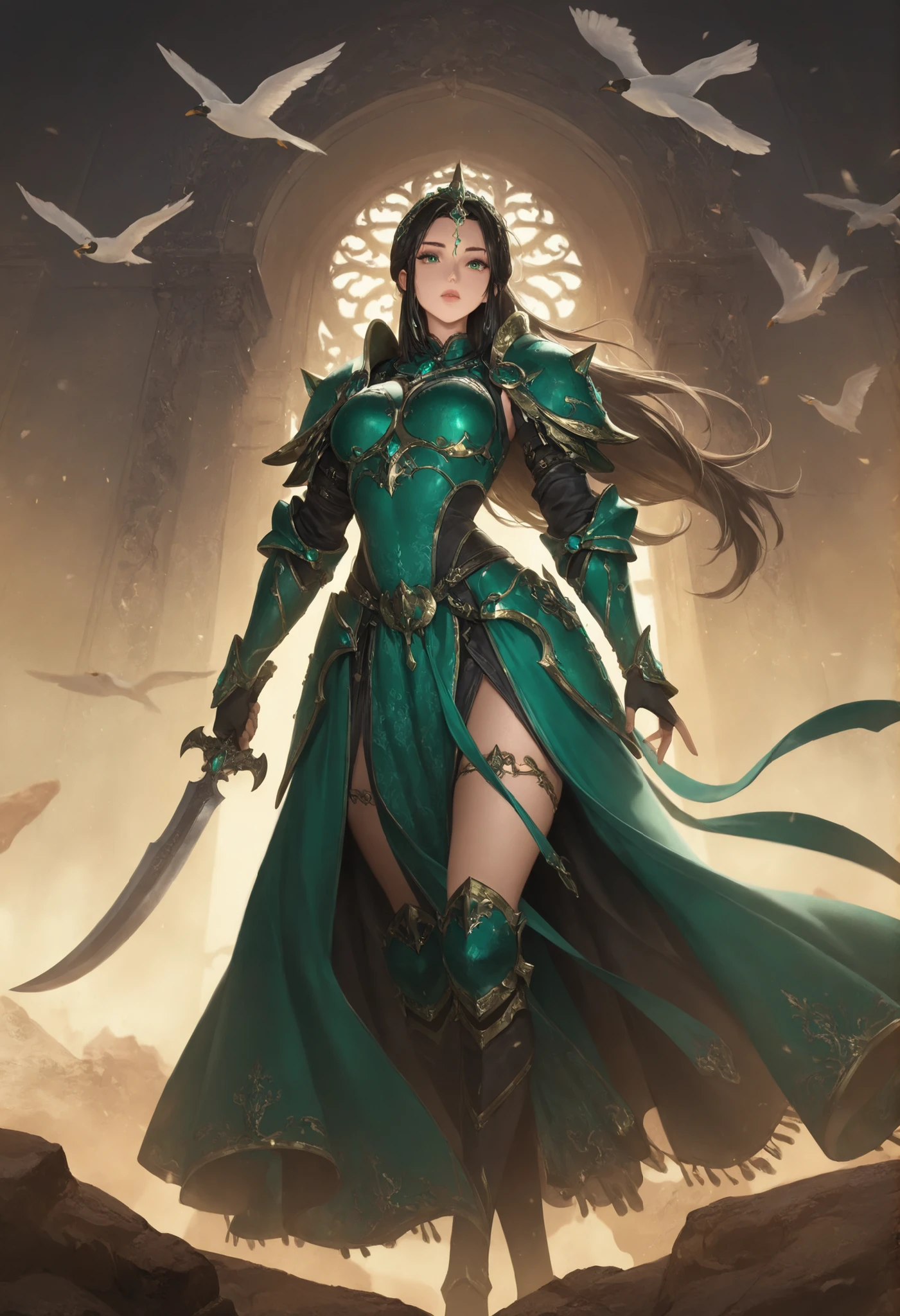 1girl,jade_gate_bandit, stolen_brocade_wrapped_as_armor, scimitar_engraved_with_flying_goose
,masterpiece, best quality, newest, highres, absurdres,