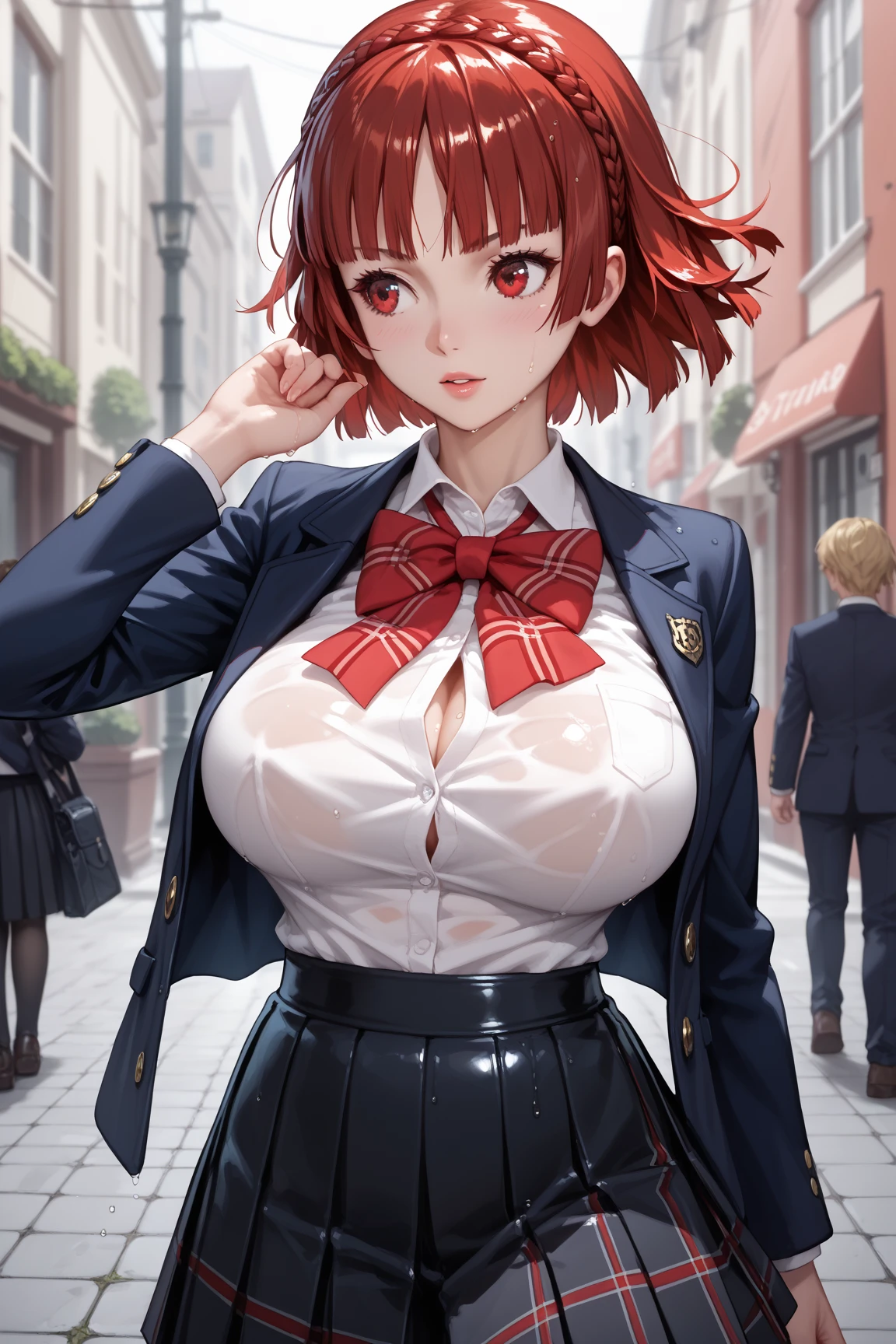 (unparalleled masterpiece, best quality, ultra detailed), incredibly absurdres, {Extremely Detailed CG, Unity 8k Wallpaper, 3D, Cinematic Lighting, Lens Flare} 8k, sunny, summer, festival, shops, 1girl, hands on hips, , scolding, angry, mad, frown,, center opening, (breast focus, closeup, from above)
yuigahama yui,  school uniform, white shirt, blazer, neck ribbon, open jacket, plaid skirt, kneehighs, fully clothed, <lora:YuigahamaYuiV2_3:1> wide hips,  mature female, gigantic breasts,   <lora:more details:0.6>,