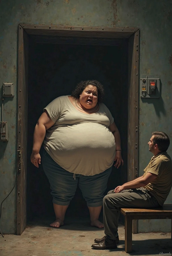 A young man with an enormous belly is laying on the street. He looks hopeless because he can’t stand up. He is so very big that he can’t stand up. He looks sad. He lays on top of his belly. A girl is trying to help him