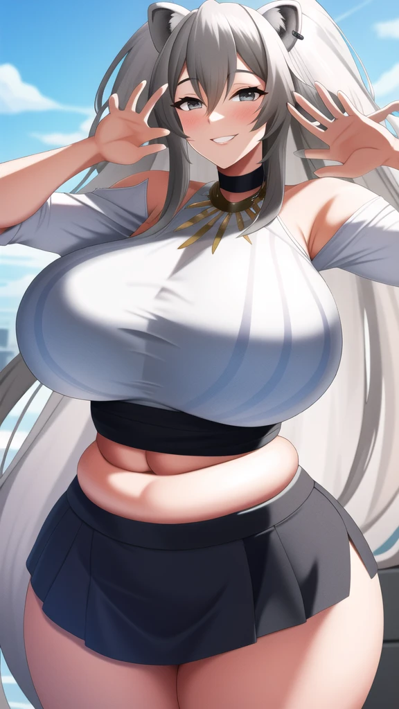 masterpiece, high quality, high detail, 4k, rtx, high resolution,1girl, blue_streaked_hair,hair_over_one_eye, blue_eyes,very long hair,braid,white hair_ornament,white skin,black nail_polish, solo,(long sleeves:1.2),(white bandeau top:1.2), strapless,cleavage, microskirt,thighhighs,thighs,: o,cute face,(Well-shaped and firm huge breasts, developed huge breasts),(underboob:1.2),bursting breasts,happy,stomach, navel,aged_down,(sexy pose:1.2),arms behind head or hands between legs, beautiful background, festival, beach, walking,