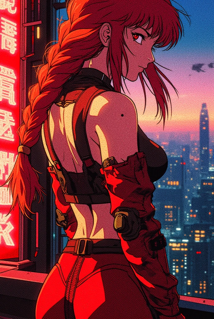 long hair, overlooking a city, (night), (topless), (bare back), (oversized pants), (slim), slender, pale skin, from behind, arm bracelets, wrist bracelets, sitting, tattoos, (shadow), lighting, red hair, braids, makima \(chainsaw man\), (detailed), cinematic lighting, (textured skin), ((8k)), ((very clear)), drop shadow, focused