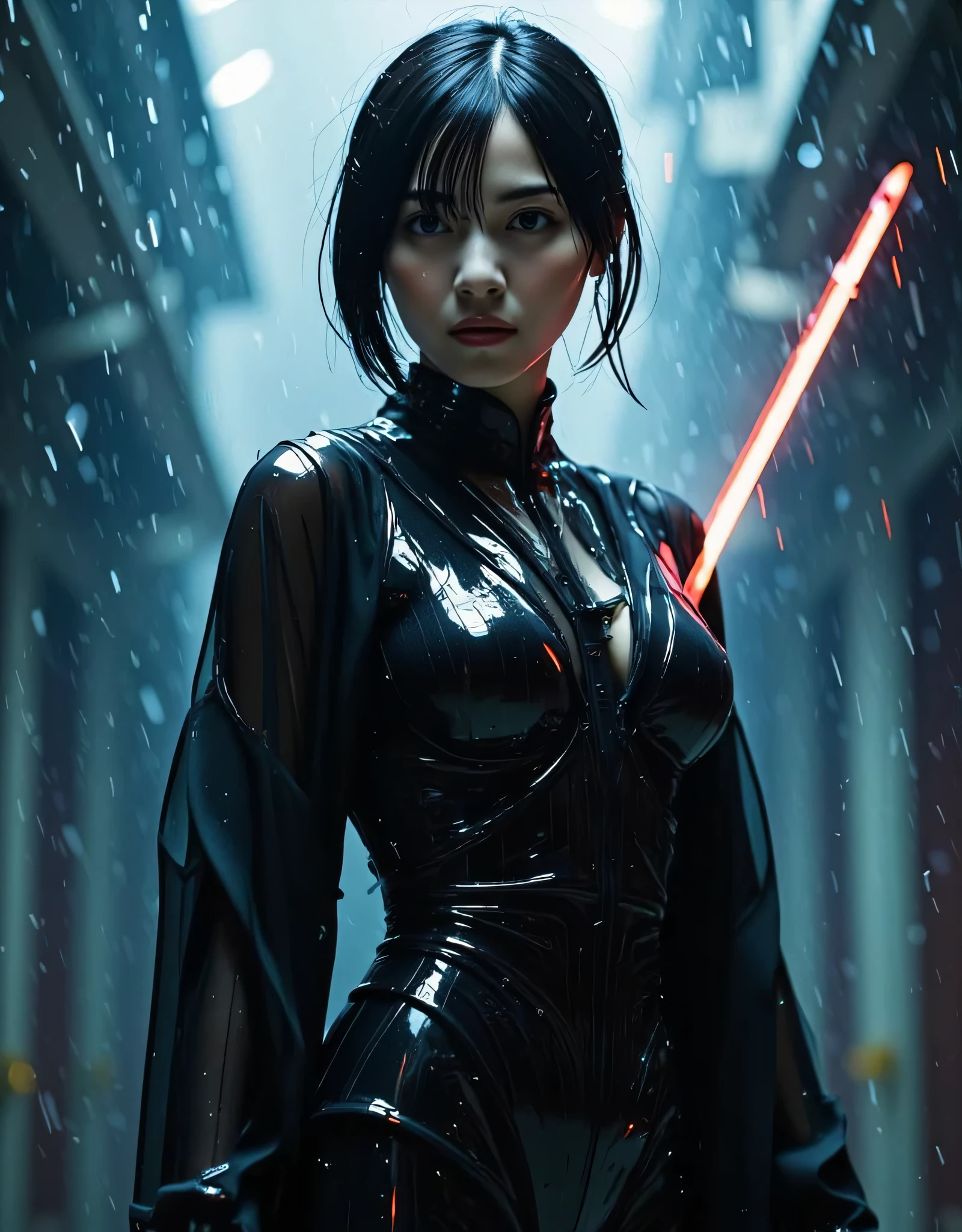((( downpour:2.0))),(((HR Gigger style cyberpunk atmosphere:2.0))),(((Hold a cyberpunk-style Japanese sword:2.0))),(((Point the tip of the sword at the viewer:2.0))),((full body:2.0)),one woman,(cute face:1.7),(Beautiful well-balanced face :1.5),((long hair with bangs:2.0)),(black hair:1.5),(Beautiful Eyes:1.3),20-year-old Japanese woman wearing bright red paint all over her head,Beautiful slender body,((model body type:2.0)),((slim body:1.7)),Perfect Body Line,Ideal Proportions,((big breasts:2.0)),((スリーサイズ90-58-86:3.0)),((G Cup Breasts:1.5)),Big Breasts,Bare thighs,Sensual Thighs,delicate body,(succulent:1.7),harmonious posture,((Realistic breast depiction :1.7)),carefully depicts limbs based on perfect anatomy,((futuristic black super high leg leotard:1.5)),((super high-leg leotard made of form-fitting glass:2.0)),((A black military coat-style kimono open over a leotard:2.0)),(((LED frame that is slightly transparent in blue:2.0))),((Tactical Holster:2,0)),(gloves:1.3),CONCEPT ART,(Best Quality:1.5),(masterpiece:1.5),(超高resolution),resolution,UHD,(Delicate Description), carefully drawn with butterfly wings ,32k,((realistic skin texture that shows through the whole body:1.5)),(((super realistic:1.5))),carefully draw eyelashes,very detailed face,Highly detailed female hand, Sexy appearance ,very sensual,(Blurry Dim Backgrounds :1.5),Professional Photography,(movie lights:2.0),((Blade Runner style lighting:2.0))