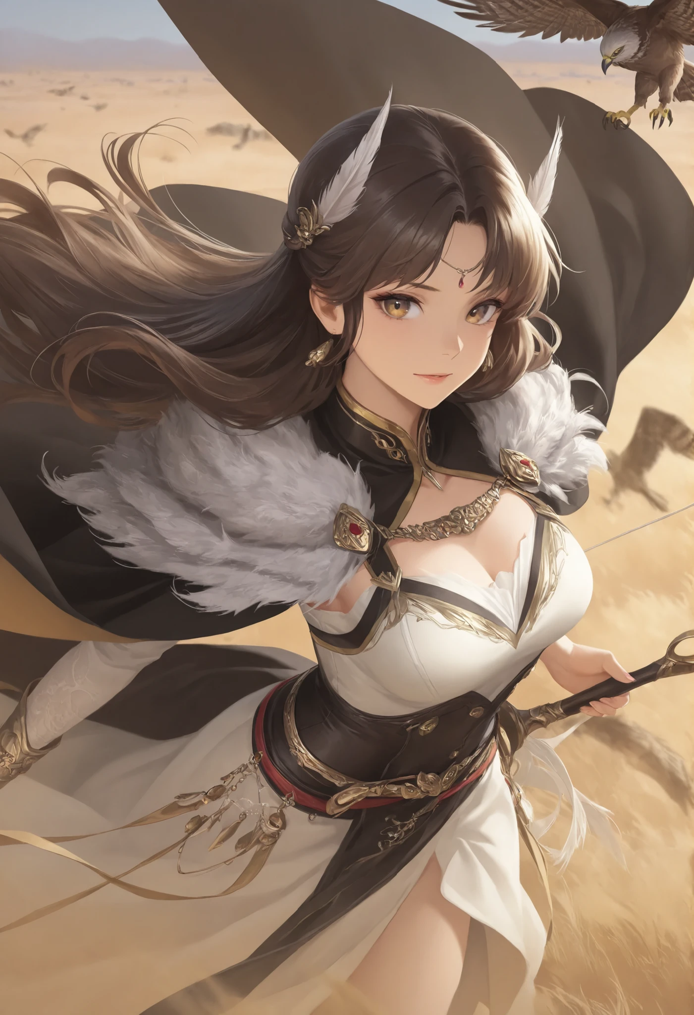 1girl,silk_road_archer, hawk_feather_cape_blending_into_dunes, arrow_notched_with_camel_bell  
,masterpiece, best quality, newest, highres, absurdres,