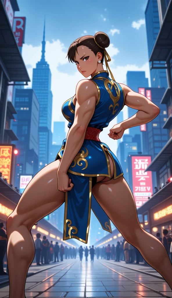 Street fighter chun li smiling, showing ass, half naked.(((half naked))) japan city background, white boots.