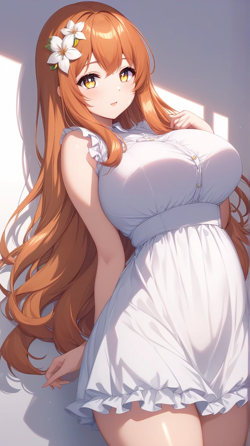 1 woman, solo, tall woman, long orange hair, straight hair , (Full Breasts), High Height,masterpiece, high resolution, shiny, full body, beautiful,,highly detailed beautiful face and eyes,looking at viewer, striped dark blue lace shirt ,frilled skirt,sleeveless,large breasts, nsfw,(Lift up the skirt:1.4),(white panties visible:1.5), (frown:1.1), (angry:1.1),contemptuous,(hate:1.1),looking down,elegant,active angle,dynamism pose, outdoors,from below,