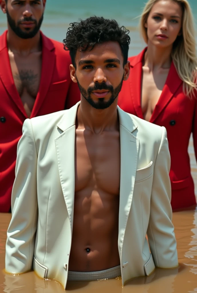 please make me a super 4k realistic photo using photography techniques using a DSLR camera. A photo of a handsome man wearing a red suit standing on the beach with a sitting pose in the water.. camera technique using a diaphragm 2.0 with slow motion beach water speed. The background setting uses beach water and blue sky with beautiful clouds