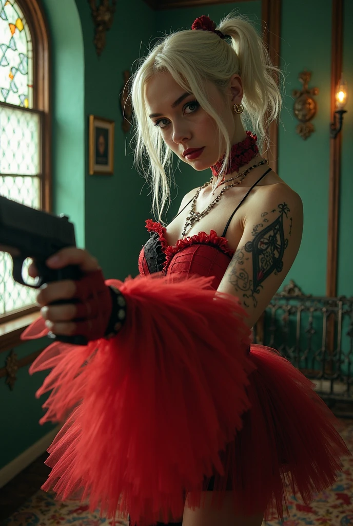a close-up of a person holding a gun in both hands, sweet girl, woman with wavy silver hair, bangs, light blue eyes, red lips, delicate green dress,