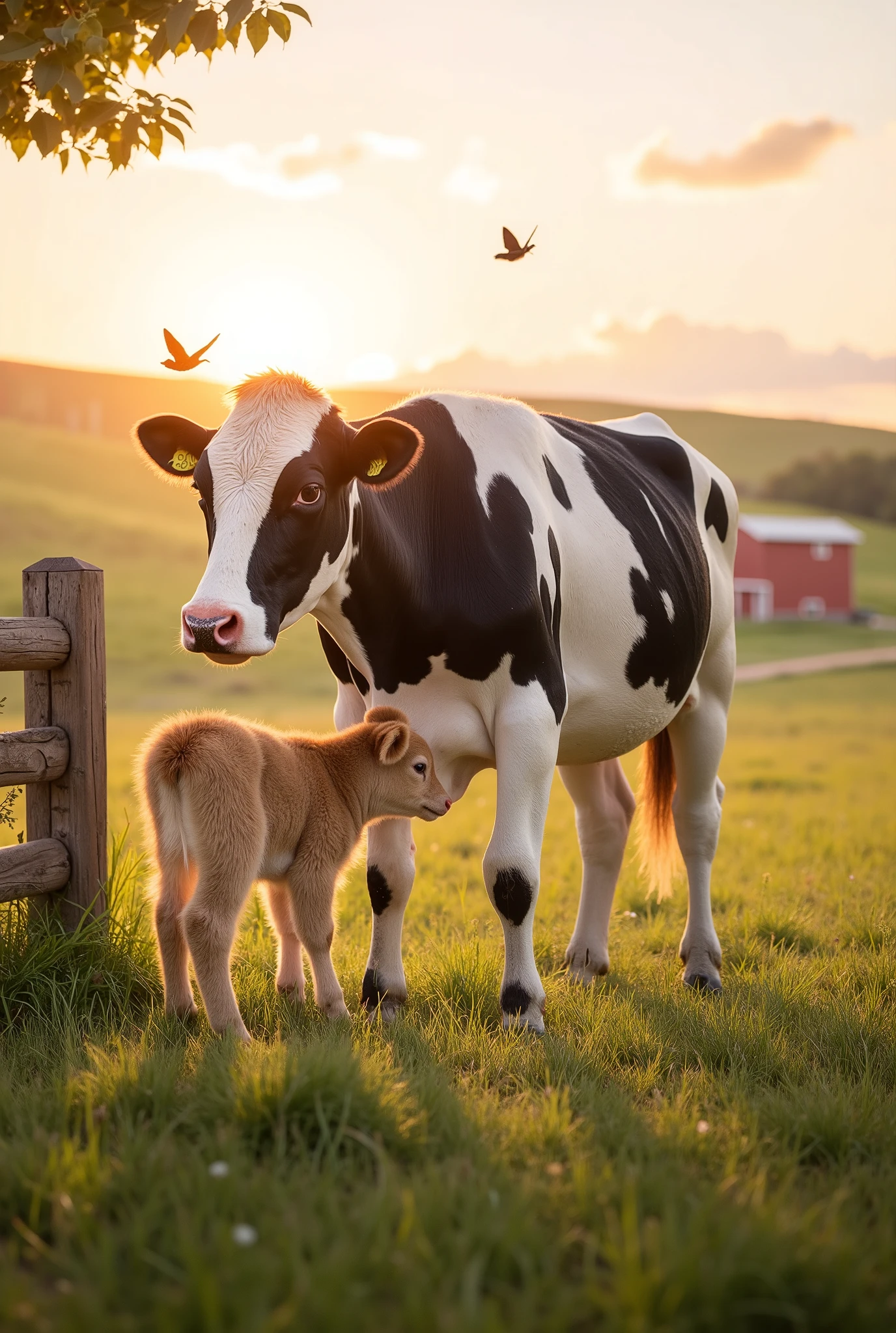 Description: Generate an 8K image that captures the essence of rural life. The image must include:
Environment: A vast green field with soft hills in the background. The sun must be rising or setting, creating a golden light that bathes the scene.
characters:
cow: A black and white cow, robust and healthy, with an affectionate and protective look.
calf: A small calf, with light brown fur , that is nursing. The calf must be represented in a tender position, showing its connection with the mother.
Visual elements :
Some butterflies flying around and a couple of birds in the nearby trees to add life to the scene.
A wooden fence on the left and a red barn in the distance to give rural context.
The sunlight gently illuminating the fur of both animals, highlighting its characteristics.
style: The image must be extremely detailed and realistic, capturing the tenderness and peace of the moment between the cow and her calf.