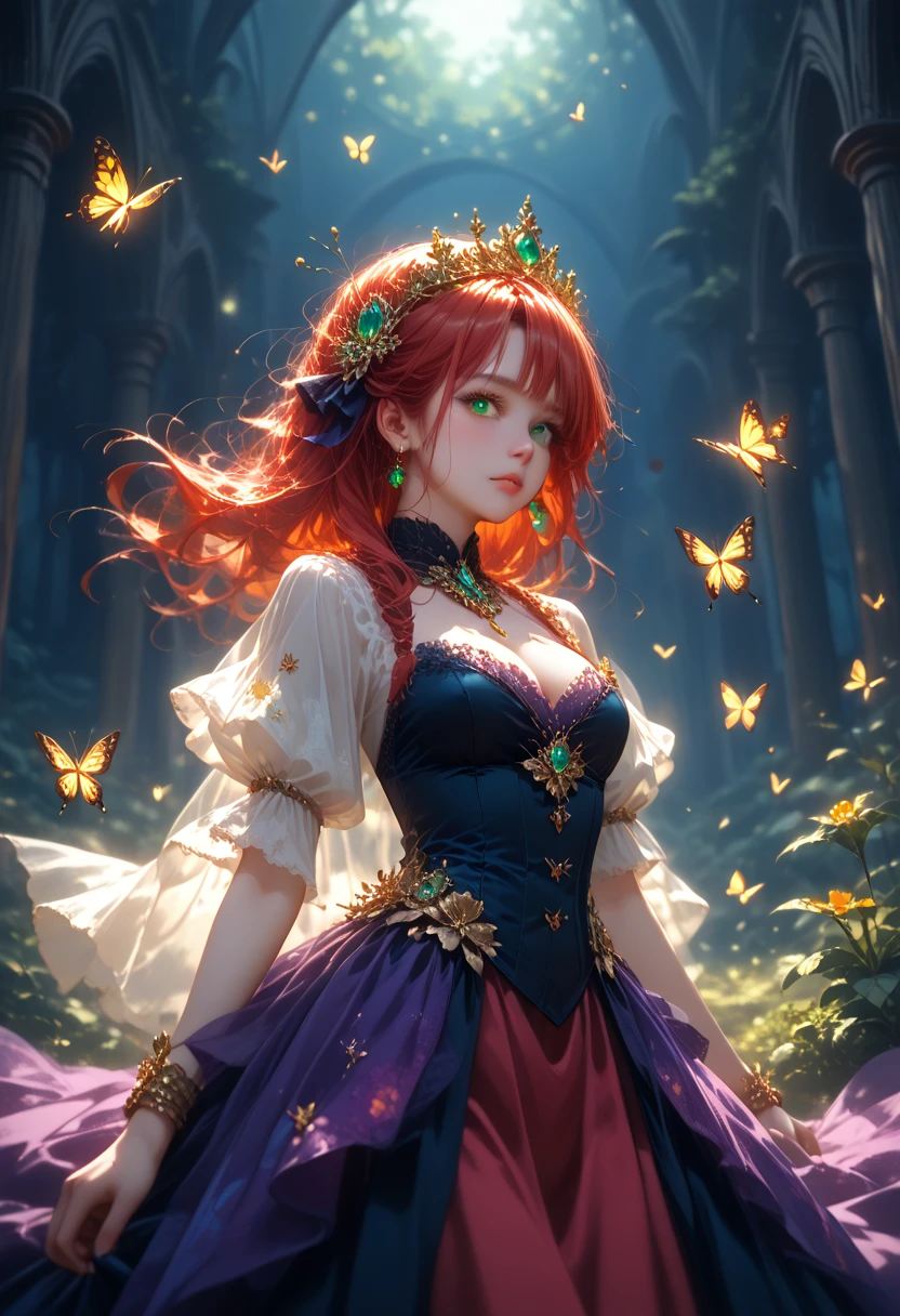 1 Girl, long hair, bright hair color, Seductive eyes, Mysterious expression, Mature appearance, Charming dress, floating dress, Elegant Jewelry, Exquisite decoration, Magic Symbols, Luminous accessories, potion, reel, Lovely Accent, bow, ribbon, Flowers,