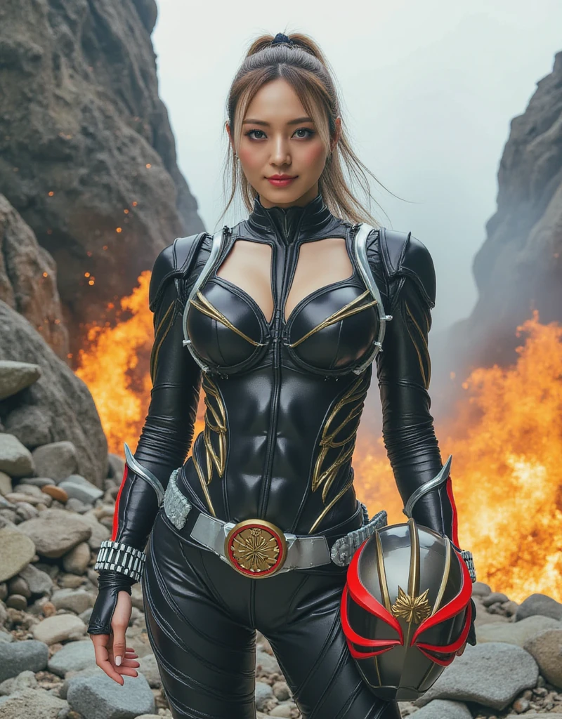 (Kamen rider Ark) Very cute and baby-like face, Power puff girl, Naked, Angry pose, Angry face, (((BROWN HAIR MALAY GIRL))), (((LONG HAIR))), masutepiece, High quality, UHD 45K, Realistic face, Realistic skin feeling , A Japanese Lady, , , Very cute and baby-like face, (((FLAT CHEST))), (MATRIX WORLD), ((look In front at the camera and SADNESS)), (((SMALL BREAST))), (((CUTE GIRL))), ((RED LIPS)), ((RED, BLACK, GOLD, KAMEN RIDER SUIT)), ((CHUBBY)), ((VISIBLE CLEAVAGE)), ((RED NAIL)). Standing at the toll road