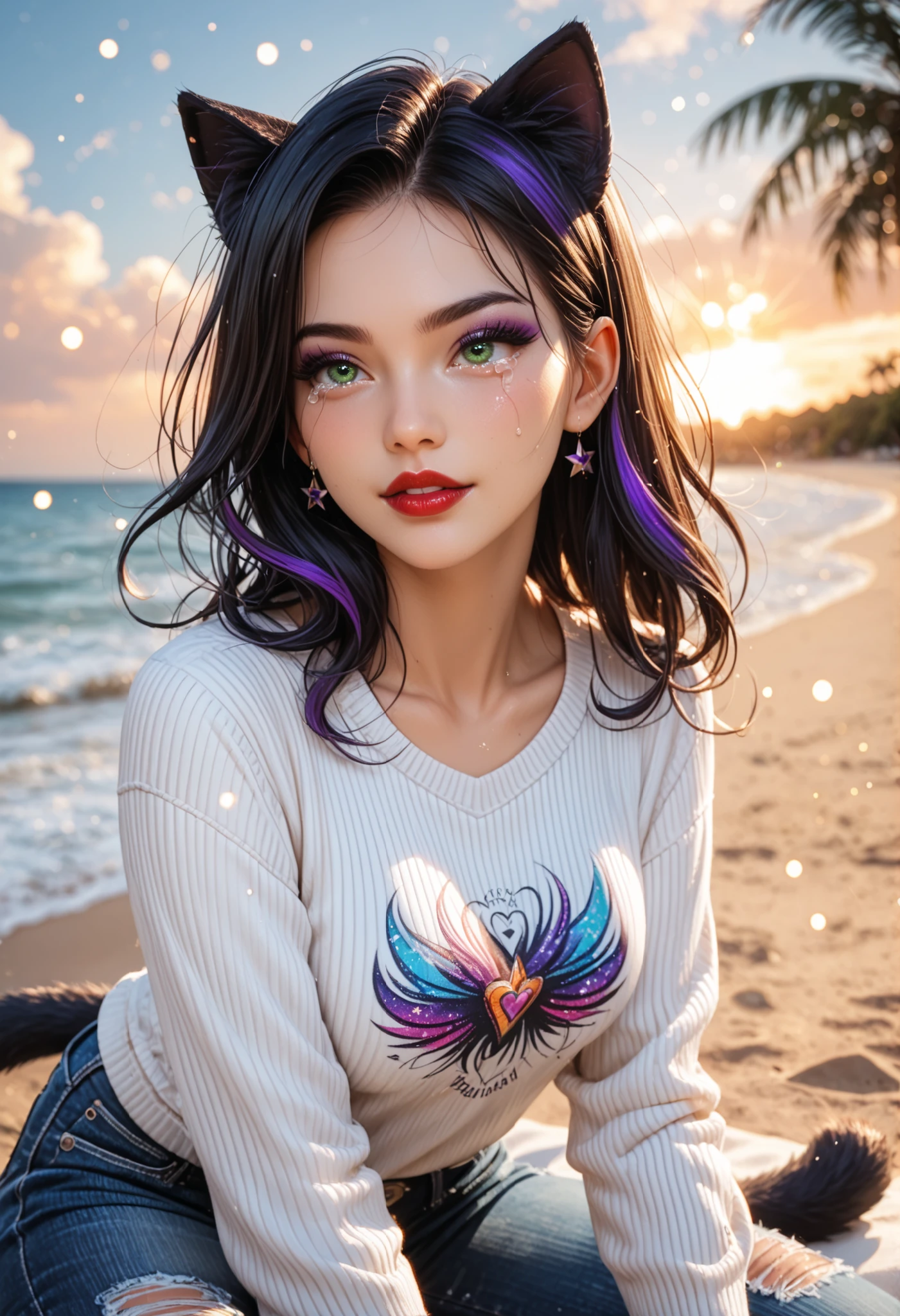 ultra detailed beautiful French woman sit on beach, looking at the sky, supernova in sky, tears on cheeks BREAK wearing casual sweater and denim jeans,BREAK (cat ears and tail),stunningly beautiful, stylish dark hair with purple streaks, green eyes, (red lips and make-up giving her a gothic look ), dark eyeshadow visible on her eyelids and eyeliner on her eyes, very long eyelashes, perfect body covered with tattoos , (dark make-up:1.3), big breast, ((cowboy-shot view)), seductive pose, light particles, ultra detailed illustration, high definition, very bold and vivid colors, best quality, volumetric lighting,"best quality," masterpiece",ultra realistic, high-quality details