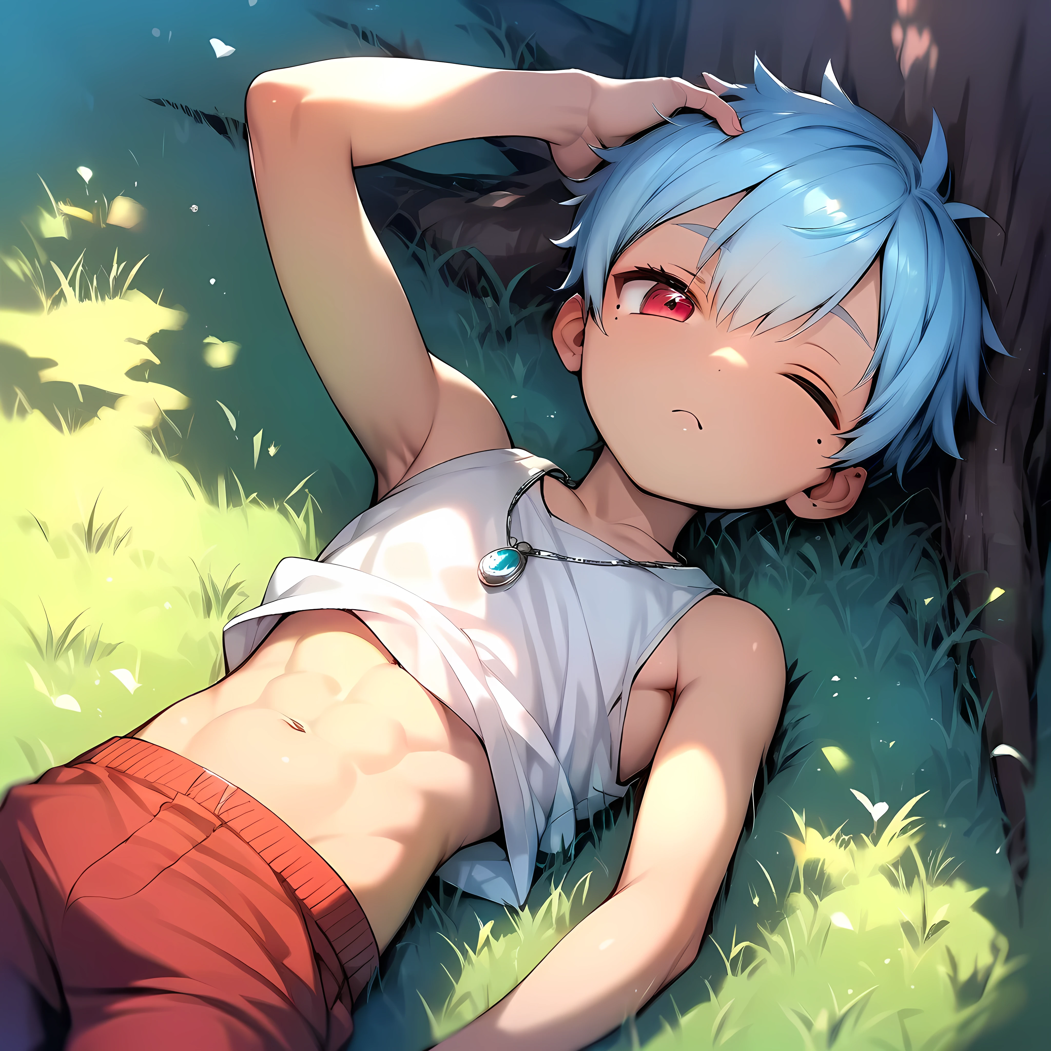 (score_9, score_8_up), (perfect face), (detailed face:1.3), (detailed eyes:1.3), cute eyes, shiny eyes, (masterpiece eyes), (cute face:1.2), (1 boy:1.5), (shota:1.5), (sleeping on grass:1.3), (arched back), (one hand on head:1.2), BREAK (white tank top), (red short pants), BREAK (light blue hair), (wine red eyes), (black irises), (eyes with highlight:1.2), (mole under eye), (half closed eye), (another eye closed), BREAK (on grass under tree:1.2), (soft tree shadow), (soft white lighting:1.2), (silver necklace), abs, (look at viewer), (soft natural lighting), wind blowing, wide shot, from above, wide shot,