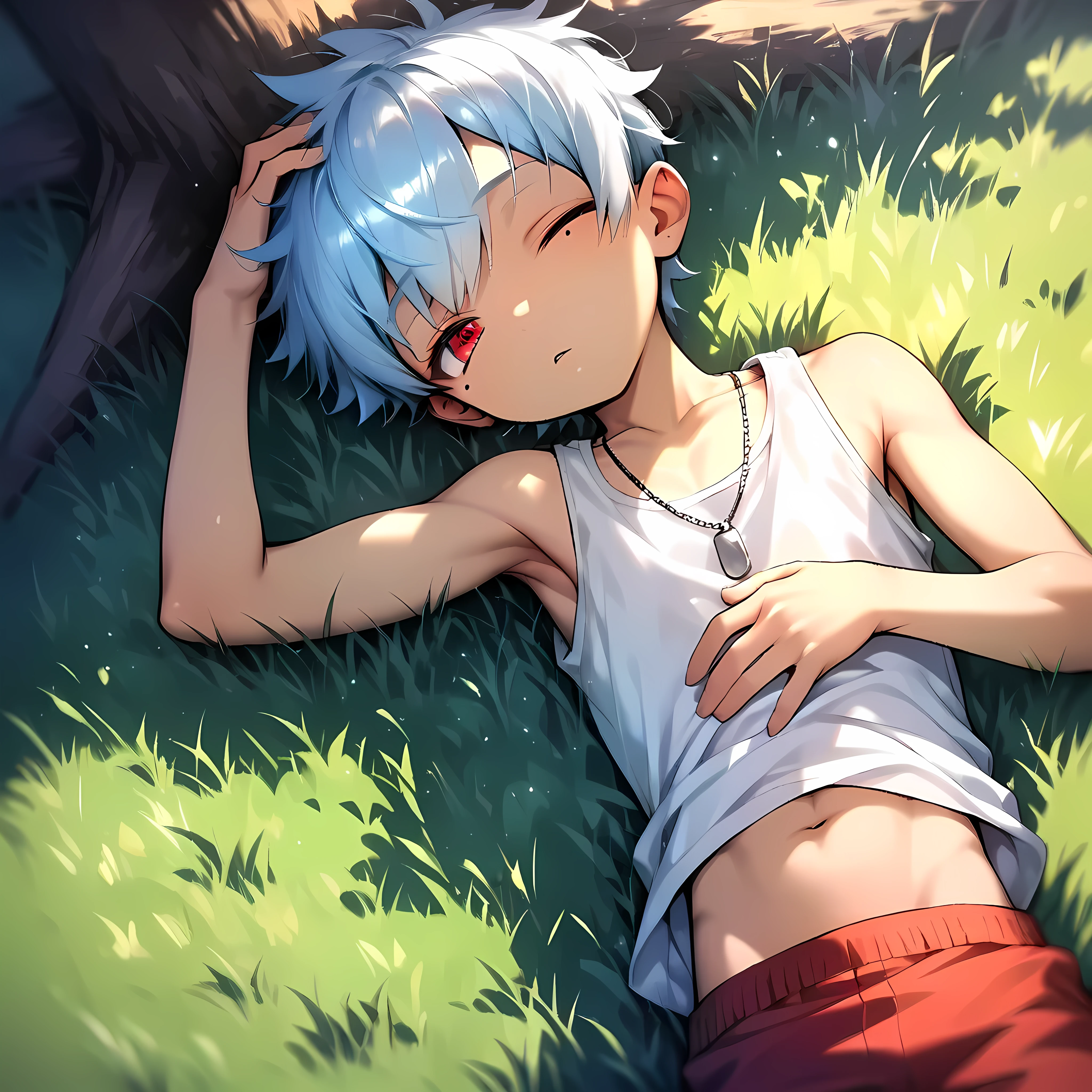(score_9, score_8_up), (perfect face), (detailed face:1.3), (detailed eyes:1.3), cute eyes, shiny eyes, (masterpiece eyes), (cute face:1.2), (1 boy:1.5), (shota:1.5), (sleeping on grass:1.3), (arched back), (one hand on head:1.2), BREAK (white tank top), (red short pants), BREAK (light blue hair), (wine red eyes), (black irises), (eyes with highlight:1.2), (mole under eye), (half closed eye), (another eye closed), BREAK (on grass under tree:1.2), (soft tree shadow), (soft white lighting:1.2), (silver necklace), abs, (look at viewer), (soft natural lighting), wind blowing, wide shot, from above, wide shot,