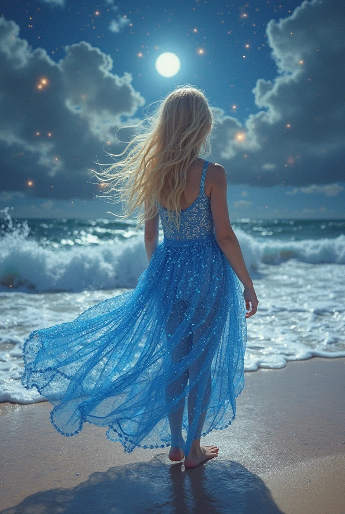 Best AI Image Generation Creator、master piece， expensive、expensive品質， movie stills， One woman，golden hair，night，night空， floating in the sky， cloudの少女， cloud， （Close-up： 1.1），  colorful， transparent body，Sparkling，full body esbian，green skirt，blue skirt，transparent clothes