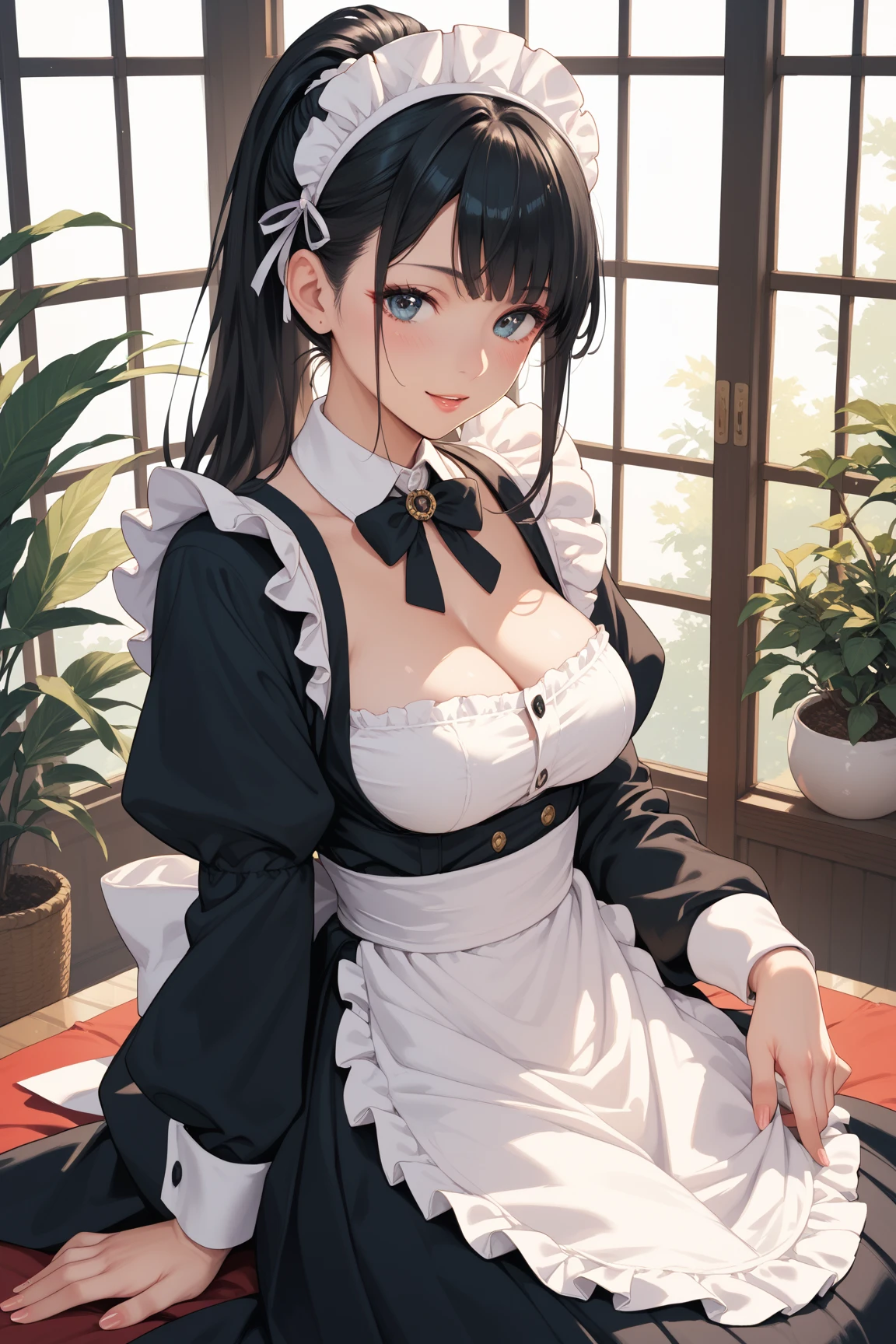 masterpiece、top-quality、ultra-detailliert:1.2、Fine details、Japan woman in maid clothes posing provocatively, Young Sensual Gravure Idol, Young Pretty Gravure Idol, Young Gravure Idol, Realistic Young Gravure Idol、cleavage of the breast、Have a tray、A big smile、cafes