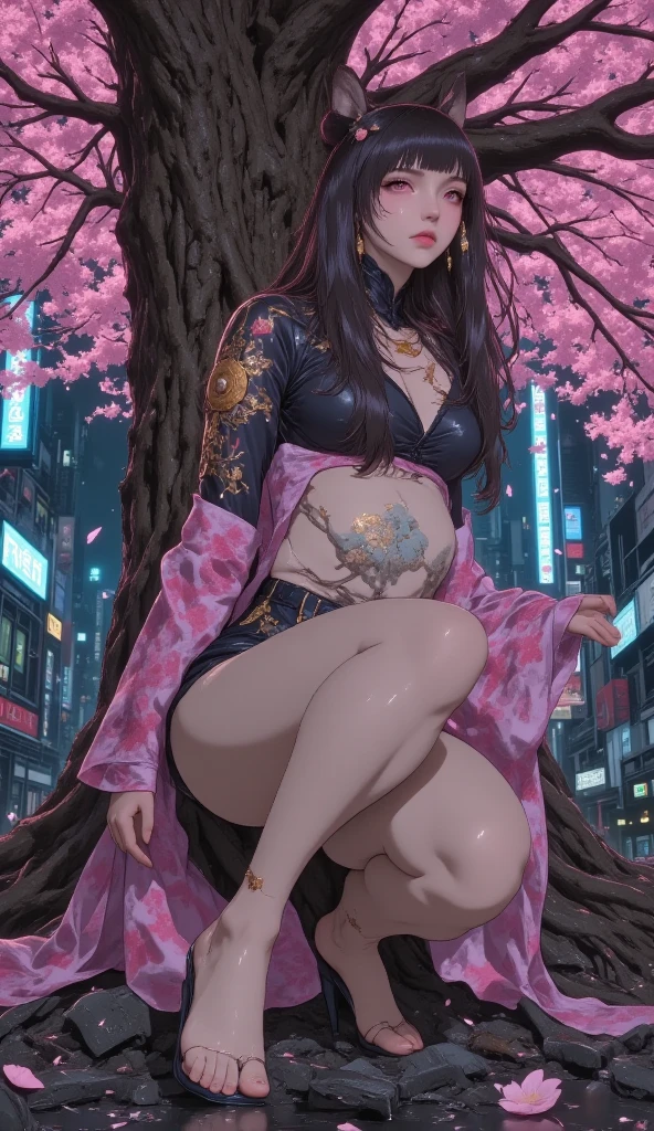 POV: ((((massive accentuated super huge enormously gigantic hanging nude tits and nude hairy pussy showing, the most beautiful and highly detailed open layed kimono with sash and ribbons, white thigh high tabi socks)))) ((very long purple hair:1.2)), skinny, slim thick, small waist, 8k, UHD, (massive accentuated super huge enormously gigantic hanging nude breasts, sitting spreading her legs open, in a sexy seductive slutty pose), cherry blossoms blowing in the wind, luxurious Japanese bedroom background