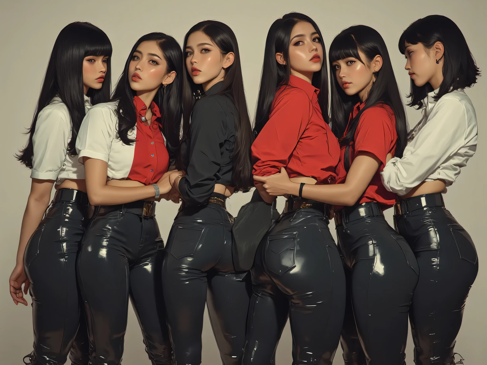 group of executive women, in line, dress pants, hugged one after the other , straight black hair , smiling maliciously, piscina, tall, dark poll, obscure place, wide hips, skinny, groped, groping, encoxada