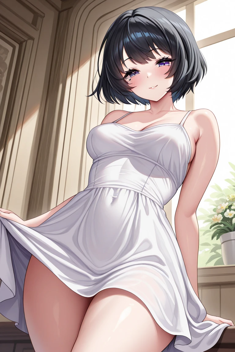 score_9,score_8_up,score_7_up,masterpiece,best quality, source anime, realistic, super detailed, extreme detailed, rating_safe,
1girl, standing, yumi \(weapon\), holding bow \(weapon\), drawing yumi, archery,  
BREAK girl, 22yo, short hair, bob cut, (blunt bangs), black hair, (tareme, detailed cute brown eyes), curled eyelashes, (large breasts:0.9),
shiny hair, beautiful detailed eyes, beautiful face,
slender, small ass, slim legs,
white dress, evil smile,  
office, night, huge picture frame,