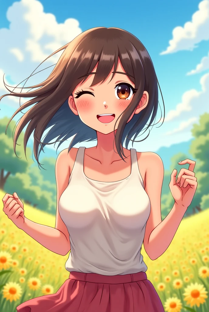 (best quality, masterpiece:1. 2), highly detailed, HDR, girl in the field, (naked, no clothes, nude), models position, happy, smiling, looking at the viewer, long hair, sunset, (beautiful detailed eyes, beautiful detailed lips, extremely detailed eyes and face, long eyelashes), (shapely, rounded, hourglass) body, (beautiful detailed breasts, shapely breasts, firm breasts), (shapely, toned) legs, seductive atmosphere, flirty look, very sexy