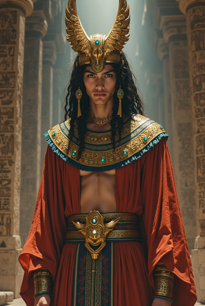 Arab court jester, Man, tall with long black hair, with bright makeup, naked to the waist in a long skirt, saber hanging from waist, in the sand palace