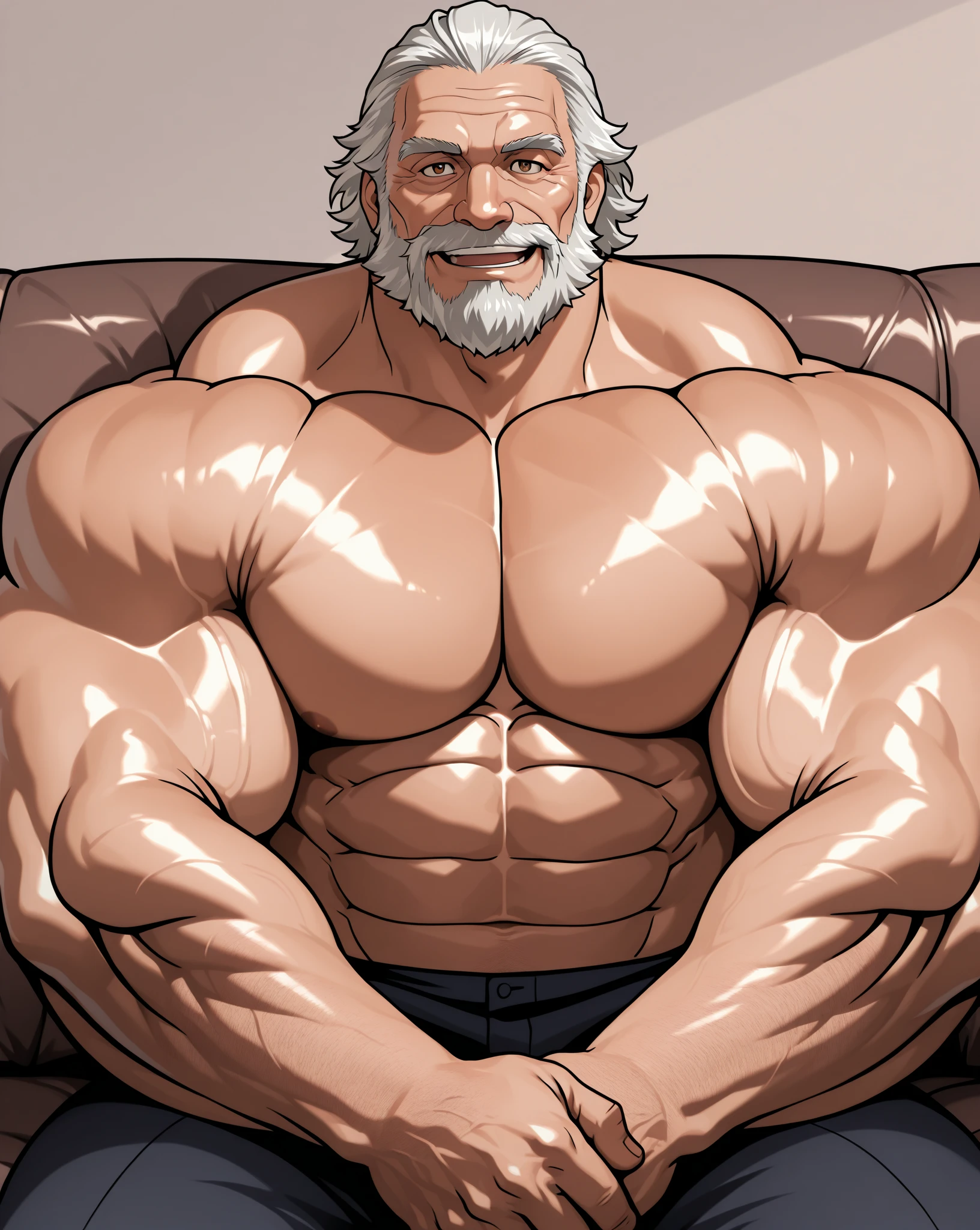 A handsome sebas sitting in a bench, lindas mãos, mãos super detalhadas, mão perfeita, muito lascivo, imponente, Vista lateral, below pov, corpo inteiro, 50 years old, grey short hair , thick grey beard, dark oliva skin color, peitorais largos, peitorais enornes, hair chest, pose sensual, rindo do espectador, wearing a wet white tank top shirt and a tight speedo underwear, wet body, bare arms, big bulge, thick thights, Obra-prima maravilhosa altamente detalhada, beautiful cinematic light deep focus, elegante, Pintura digital, sementes, sharp focus, golden ratio, dramatic lighting, 8k