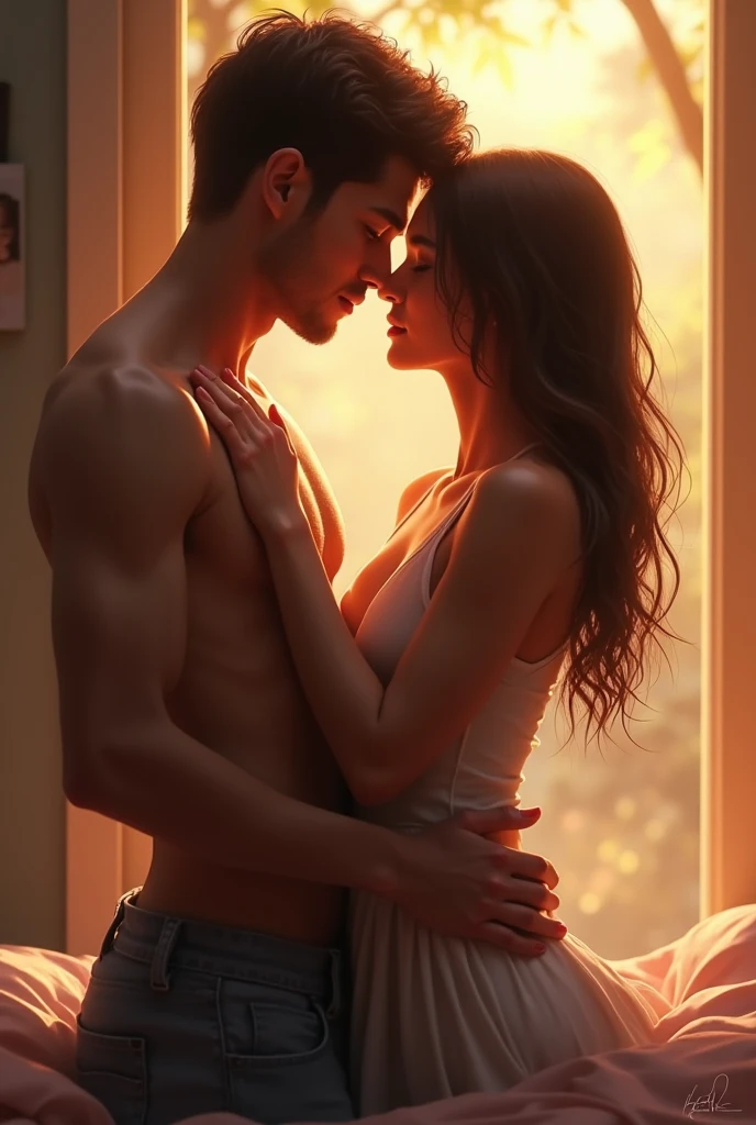 Shirtless boy kissing a sexy woman wearing a saree near a windowsill, natural light beaming through window, passionate, intensely intimate, lustful, hot, hugging tight, both blushing intensely .woman is completely naked
