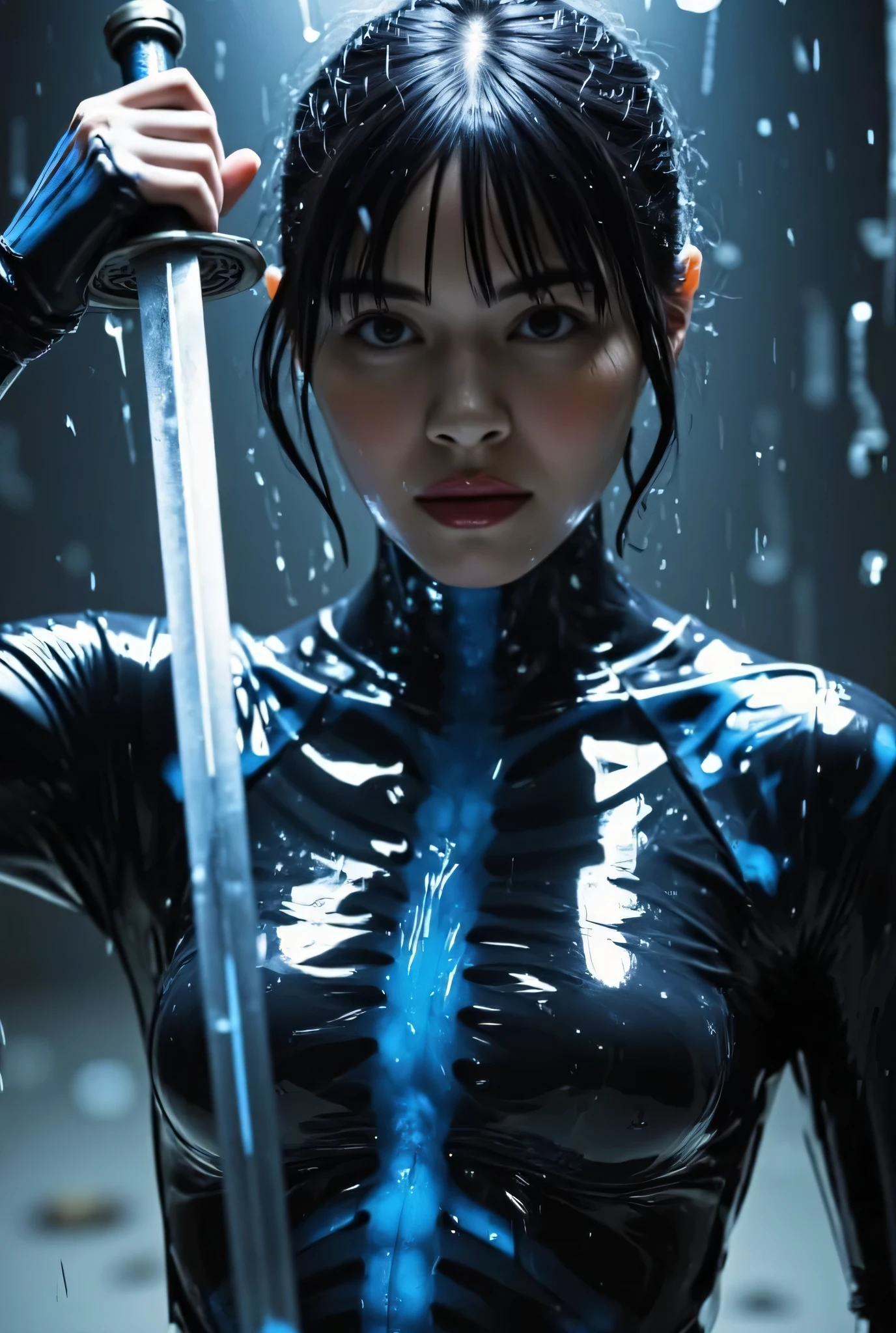 ((( downpour:2.0))),(((HR Gigger style cyberpunk atmosphere:2.0))),(((Hold a cyberpunk-style Japanese sword:2.0))),(((Point the tip of the sword at the viewer:2.0))),((full body:2.0)),one woman,(cute face:1.7),(Beautiful well-balanced face :1.5),((long hair with bangs:2.0)),(black hair:1.5),(Beautiful Eyes:1.3),20-year-old Japanese woman wearing bright red paint all over her head,Beautiful slender body,((model body type:2.0)),((slim body:1.7)),Perfect Body Line,Ideal Proportions,((big breasts:2.0)),((スリーサイズ90-58-86:3.0)),((G Cup Breasts:1.5)),Big Breasts,Bare thighs,Sensual Thighs,delicate body,(succulent:1.7),harmonious posture,((Realistic breast depiction :1.7)),carefully depicts limbs based on perfect anatomy,((Samurai style black translucent super high leg leotard:2.0)),(((super high-leg leotard made of form-fitting glass:2.0))),((leotard with a transparent blue skeleton taken on an X-ray:2.0)),(((Clear blue LED skeleton:2.0))),((Tactical Holster:2,0)),(gloves:1.3),CONCEPT ART,(Best Quality:1.5),(masterpiece:1.5),(超高resolution),resolution,UHD,(Delicate Description), carefully drawn with butterfly wings ,32k,((realistic skin texture that shows through the whole body:1.5)),(((super realistic:1.5))),carefully draw eyelashes,very detailed face,Highly detailed female hand, Sexy appearance ,very sensual,(Blurry Dim Backgrounds :1.5),Professional Photography,(movie lights:2.0),((Blade Runner style lighting:2.0))