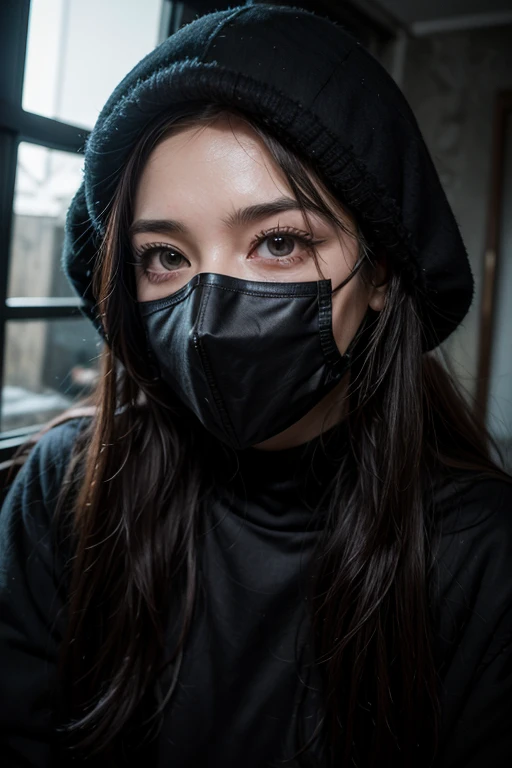 Anime girl with black sweatshirt and black plague mask