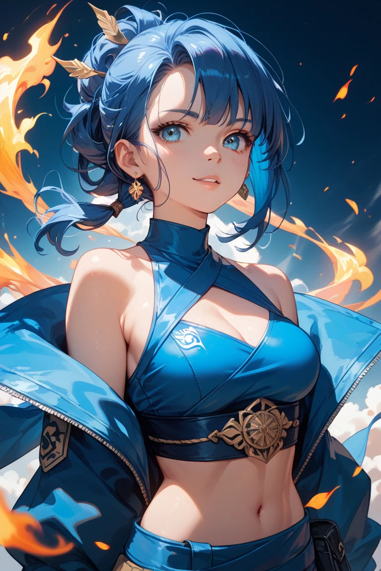 Full body photo, standing, standing on the ground, only Sakura has giant breasts, (black with gold pieces/maid outfit with skirt and socks), smile, face with red cheek, she is in an amusement park at night with full moon in the sky, she wearing maid's headdress, she has (((short blue hair, green eyes)), closed cuffs, best resolution, ultra detailed, anime style, masterpiece, 16k, UHD, textured skin, anatomically correct, ccurate