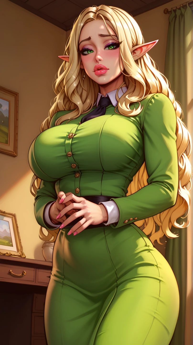 Milf single businesswoman with big breasts, blonde hair, blue eyes, earrings, large neckline, big breasts, aesthetic hips, glasses, thick lips, small nose, tight long pants, high heels, marked, big smile, beautiful woman, comic drawing style