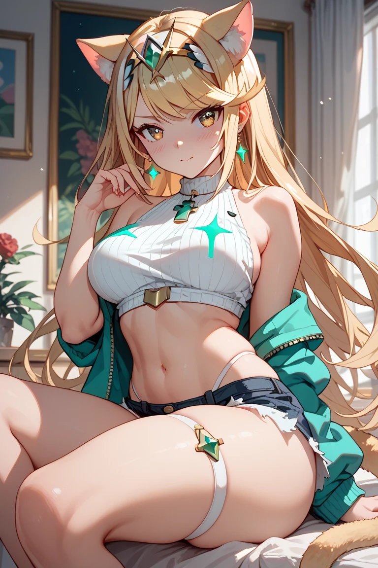 solitary, (Fox ears), Exquisite eyes, blond hair,Facial details, Green Eyes, Red Eyeshadow, lips are red, Fake laugh, Ukiyo-e, masterpiece, high quality, big breasts,Black tights,High heel,Exposing thighs,bikini