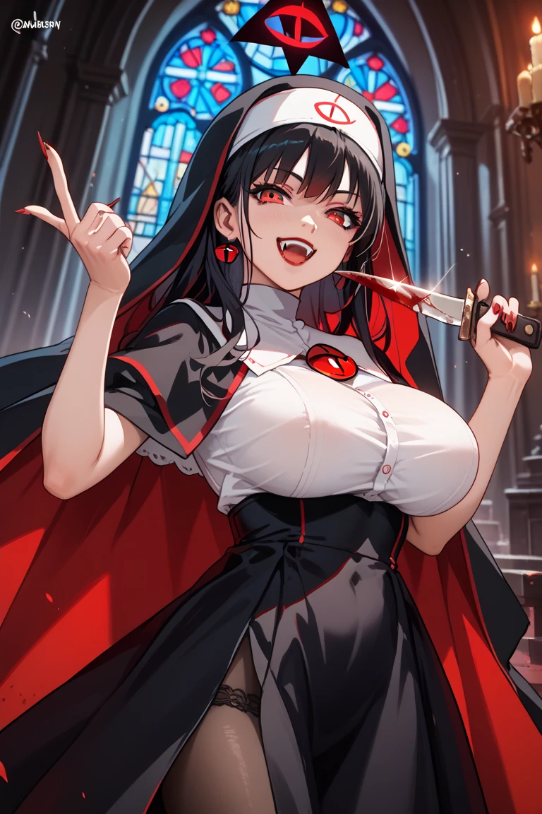 Portrait, Horror Movie, (Komi Can't Communicate character, Comis-san), ((Ultra Detailed, Cinematic, hyper detailed, Hyperresolution, official arts, Wallpaper 40k, Mind-blowing art)), Skull Girl, wide skull, skintight, side_boobgasm, dark-indigo hair, very long hair, voluminous hair, black eyes, makeup, lipstick, 30 years old, mature woman, Beautiful finger, 1girl, Beautiful body, Beautiful nose, Beautiful character design, perfect eyes detail, perfect face, looking at viewer, colorful, Bright_Front_face_Lighting, (masterpiece: 1.0), (best_quality: 1.0), (bright_color: 1.2) (Beautiful, big_breasts: 1.4), (beautiful_face: 1.5), (narrow_waist), (solo: 1.4), ((upper body, half body:1,4)), hanging breasts, class, shyly blushing, looking at viewer, seductive, lack of protruding teeth, sharp teeth, terror, Flesh, (Fallen horns, Long horns), (((an alien))), woman, destruction, Discarded skin, pale skin, seductive body, ((omni-man clothing), red and white color clothing), Nolan Grayson clothing, (traces of blood on clothes, traces of blood on hands), expression of indifference on the face,