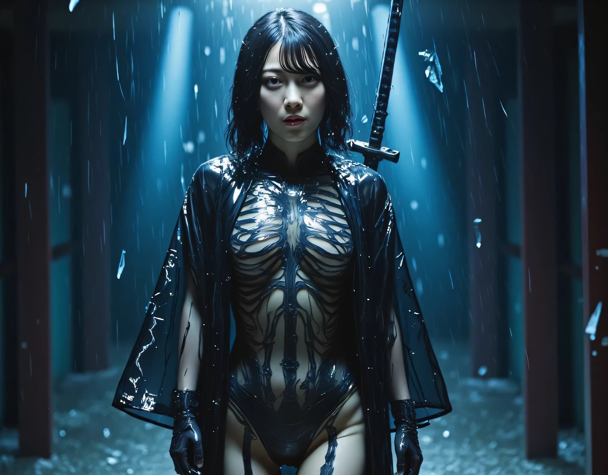 ((( downpour:2.0))),(((HR Gigger style cyberpunk atmosphere:2.0))),(((Hold a cyberpunk-style Japanese sword:2.0))),(((Point the tip of the sword at the viewer:2.0))),((full body:2.0)),one woman,(cute face:1.7),(Beautiful well-balanced face :1.5),((long hair with bangs:2.0)),(black hair:1.5),(Beautiful Eyes:1.3),20-year-old Japanese woman wearing bright red paint all over her head,Beautiful slender body,((model body type:2.0)),((slim body:1.7)),Perfect Body Line,Ideal Proportions,((big breasts:2.0)),((スリーサイズ90-58-86:3.0)),((G Cup Breasts:1.5)),Big Breasts,Bare thighs,Sensual Thighs,delicate body,(succulent:1.7),harmonious posture,((Realistic breast depiction :1.7)),carefully depicts limbs based on perfect anatomy,((Samurai style black translucent super high leg leotard:2.0)),(((super high-leg leotard made of form-fitting glass:2.0))),((A black military coat-style kimono open over a leotard:2.0)),(((Clear blue LED skeleton:2.0))),((Tactical Holster:2,0)),(gloves:1.3),CONCEPT ART,(Best Quality:1.5),(masterpiece:1.5),(超高resolution),resolution,UHD,(Delicate Description), carefully drawn with butterfly wings ,32k,((realistic skin texture that shows through the whole body:1.5)),(((super realistic:1.5))),carefully draw eyelashes,very detailed face,Highly detailed female hand, Sexy appearance ,very sensual,(Blurry Dim Backgrounds :1.5),Professional Photography,(movie lights:2.0),((Blade Runner style lighting:2.0))