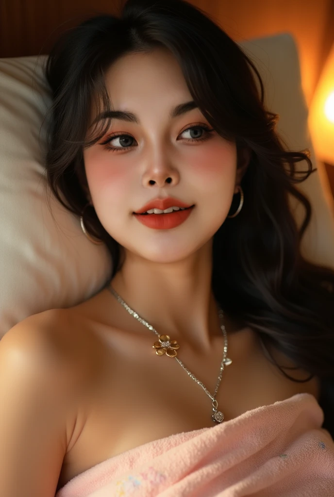 araffe woman laying on a bed with a white shirt and a necklace, sultry look, glowy, aesthetic portrait, 🤤 girl portrait, with long hair and piercing eyes, gorgeous latina face, soft devil queen madison beer, detailed face of a asian girl, dark hair and makeup, clear lips and high quality, sultry expression, very pretty face