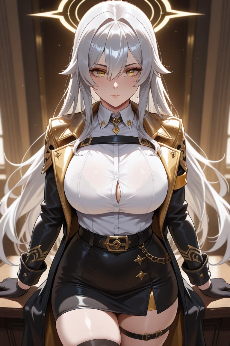 {masterpiece, distinct_image, extremely detailed CG, (extremely detailed fine touch:1.2),beautiful eyes and detailed face, (white_light, light rays, dappled light, ray tracing:1.2), photo realistic, 4k, 8k, high_resolution, (perfect_finger:1.5), (beautiful_detailed_eyes:1.3), glitter, white_light, (glow_white_face, front_light:1.3),{1girl, face_focus, looking for_in_viewer, cowboy_shot, standing},{adult,curvy, (huge_breasts, wide_hip:1.3),thigh_gap, groin, narrow waist, skinny stomach,(knight uniform for women, white gloves:1.7),(white hair, long hair, yellow eyes, bangs:1.3)}