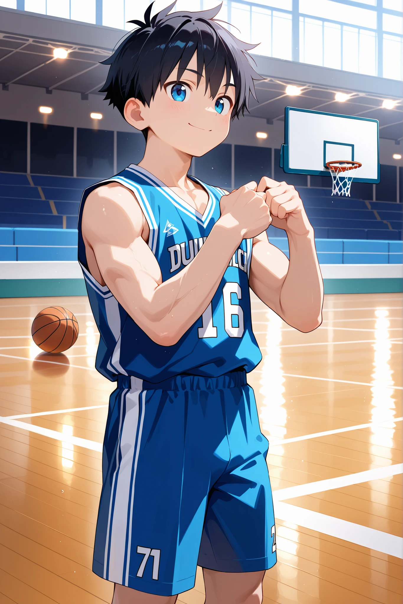 masterpiece, best quality, Ultra High Resolution, anime style, male focus, Basketball match, japanese boy, high school students, Dumping, Dynamic Capture, very handsome, Perfect Face, Cute Face, Clear and beautiful detailed eyes, black short hair, Shiny Hair, Detailed skin, perfect hands, Good anatomy, perfect body, Slim body and muscles, Smile, Soft Light, full body, 8k resolution,