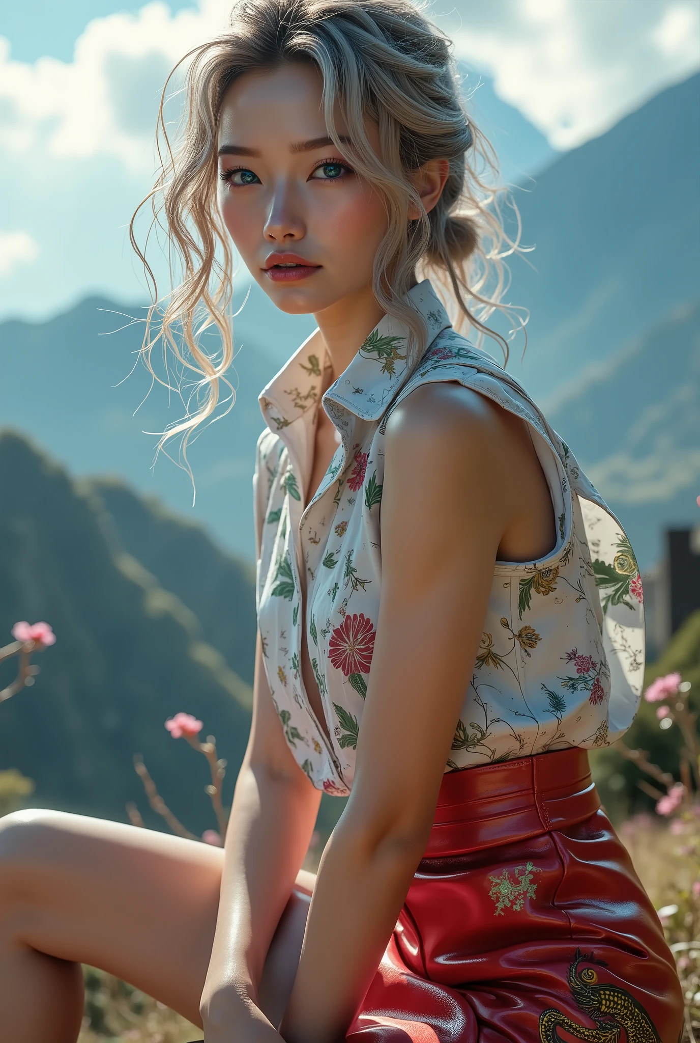  [Style: - "8k, masterpiece, realistic, Photorealistic realism, Hyper high resolution" - "highest quality, intricate ultra-detailed digital art"] (Key Directive: - "The priority is the anatomical accuracy and texture of the materials" - "Ultra-sharp human eyes with biological accuracy") {Character: "full body shot , beautiful girl , perfect female body , full bodyesbian , ((Beautiful long legs in good style:1 . 35)) ((no bra , no panties:1 . 3)) (medium butt) (skinny body build) (perfect hot model body:1 . 4) ((slim belly: 1 . 2)) (muscular body) (firm and full breasts:1.4)]" | Face: "full lips, pink lipstick, intense gaze" | Eyes: - "((sharp focus, no blurry eyes, Hyper absurd quality, Hyper details, Hyper realistic purple eyes:1.35))" - "((extra narrow eyebrows))" - "(Carefully draw Long blue_mascara:1.2)" - "(perfect round eyes)" | Hair: "long hair, white hair, curls at the ends of the hair, hair above one eye(((slicked to the on side)))" | Pose: "elegant pose" Outfit: [Top: "modest office suit , (multicolored leather ((inprinted shiny textur Japanese dragon))] [white lace undershirt:1.4"] [Bottom: ["(pleated skirt:1.24)" | "(Luxurious shiny, red leather:1.3]"] - "(a bold, feminine, elaborately detailed: 0.7)"] Environment: "((Mt. Fuji tori))" Lighting: "studio lighting, monochromatic, striking contrast, dramatic shadows" (Rendering engine: "Unreal Engine 5 path tracing, 16K texture maps"). The ultra-Highres, Unreal 5, Subsurface scattering,PBR Texturing,Post-Processing, Anisotropic Filtering,depth of fields, Maximum Sharpness and Sharpness, multi-layered texture, Albedo and Specular maps, Surface Shading, Precise simulation of light-material interactions, Octane rendering, Two-tone illumination , Wide Aperture, low ISO, white balance, The rule of thirds