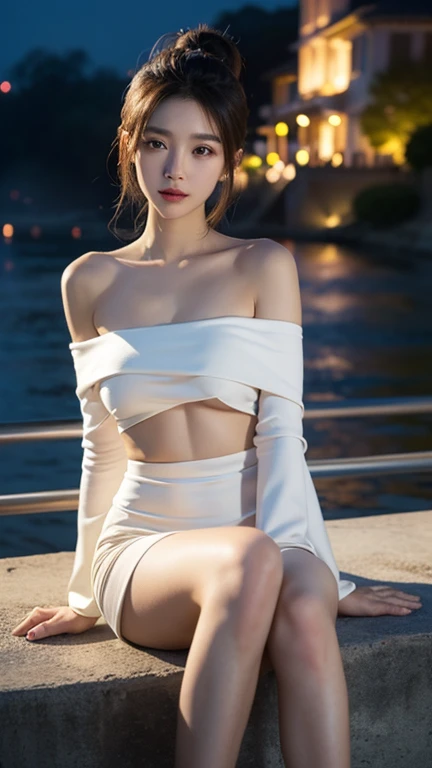 (in 8K, Raw photo, hightquality,high-level image quality,masterpiece),A Japanese Lady、Realistic, Natural light, Female, 26 years old, Full body photo, Brown hair, Long, Clear black eyes, Puritanism, Perfect udder, Real Face, Real Skin, White long skirt, life-like:1.3, (perfect anatomia,Beautiful limbs), (The smell of Eros, seductiv), City Night View、Exclusive Photos、