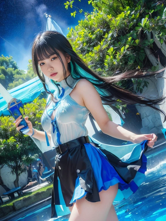 fantastic water ninja、full body Esbian、、Fluorescent blue ninja suit(Tight mini skirt)、、、、Idol face、Move water with ninpo