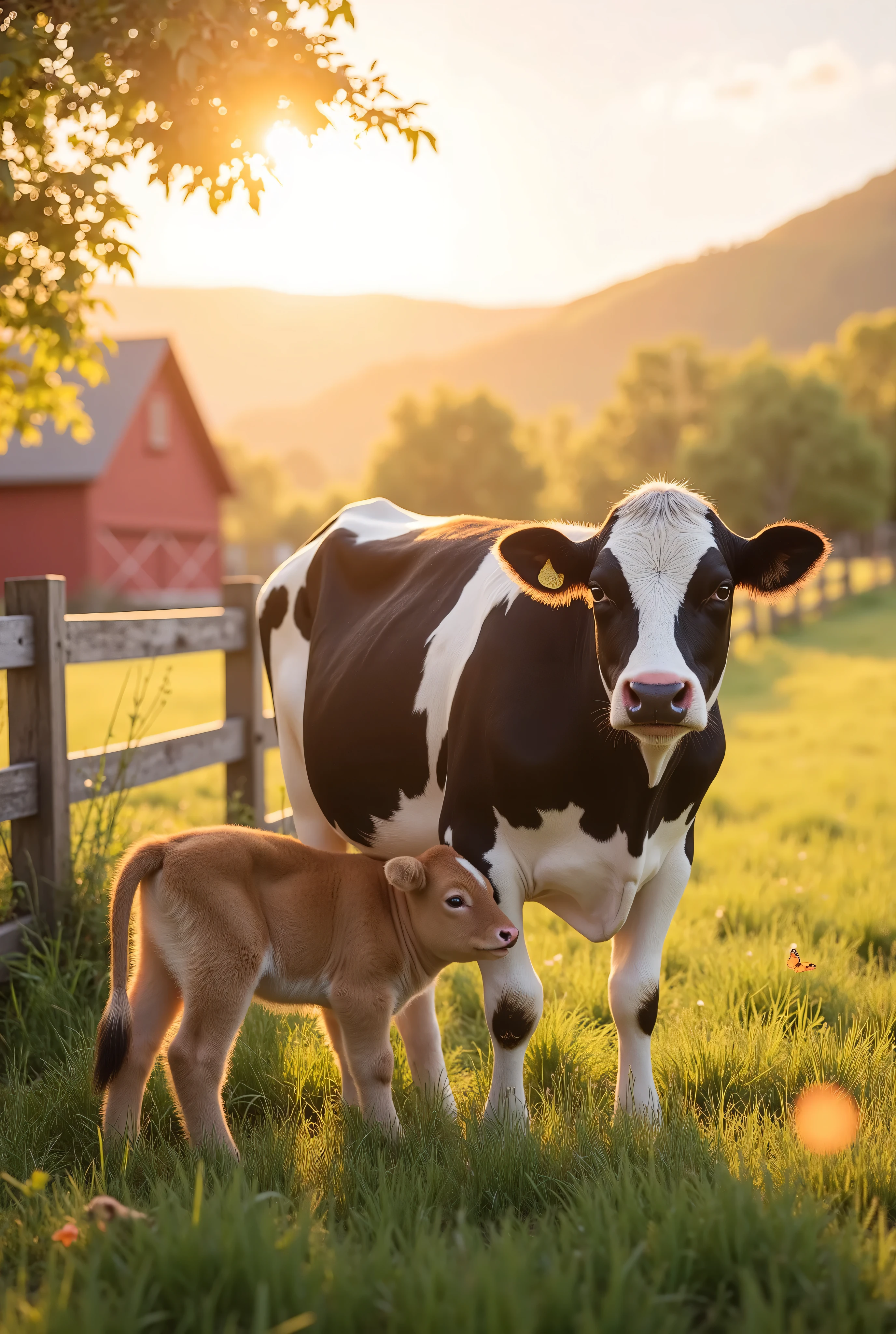 Description: Generate an 8K image that captures the essence of rural life. The image must include:
Environment: A vast green field with soft hills in the background. The sun must be rising or setting, creating a golden light that bathes the scene.
characters:
cow: A black and white cow, robust and healthy, with an affectionate and protective look.
calf: A small calf, with light brown fur , that is nursing. The calf must be represented in a tender position, showing its connection with the mother.
Visual elements :
Some butterflies flying around and a couple of birds in the nearby trees to add life to the scene.
A wooden fence on the left and a red barn in the distance to give rural context.
The sunlight gently illuminating the fur of both animals, highlighting its characteristics.
style: The image must be extremely detailed and realistic, capturing the tenderness and peace of the moment between the cow and her calf.