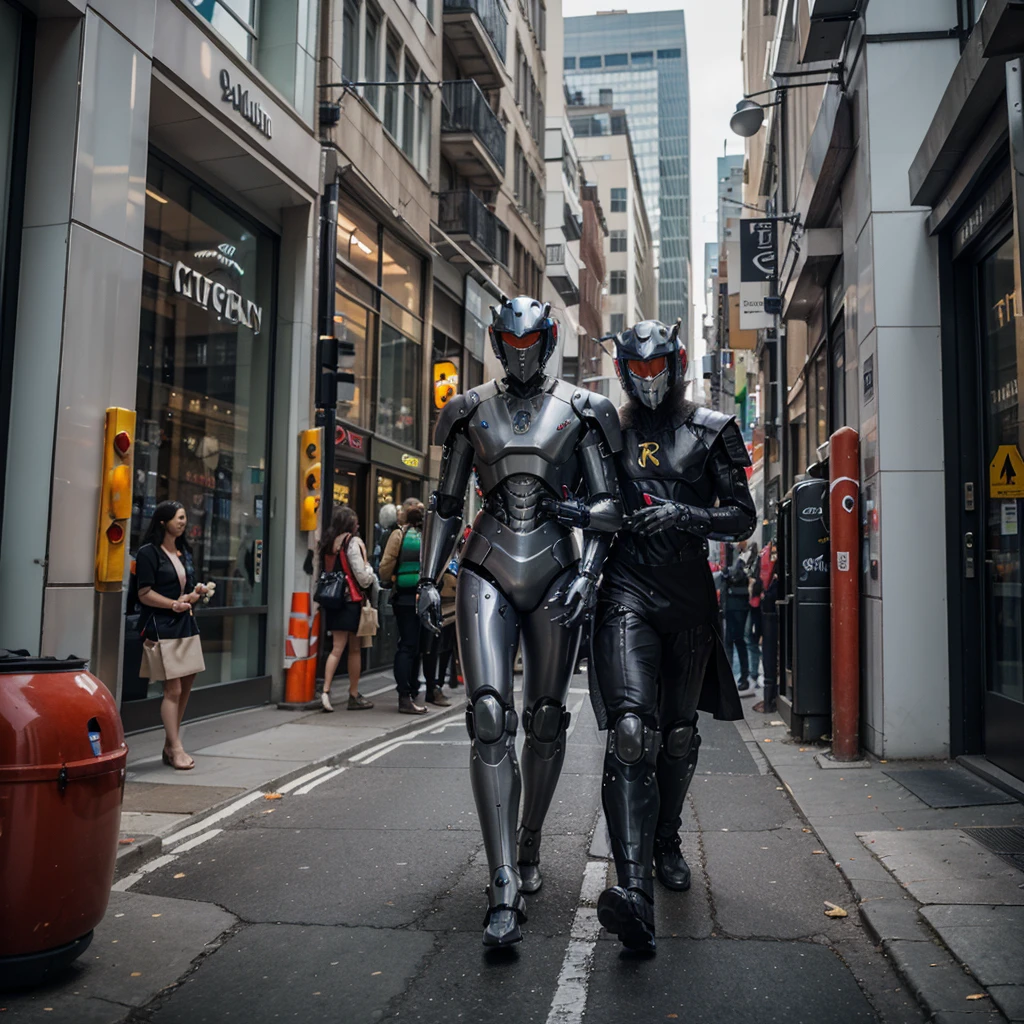 Generate a full length photograph of two very handsome and very muscular 30yo male awesome scales skin alien soldiers, wearing a skin tight, skimpy, tiny leather racing suit. His skin is scally. They are in a playful mood. One of the men has very short black hair and the other has very short dark blonde hair. Both men have pale complexions. They are wearing a futuristic leather suit that is skin tight and shows their impressive bodies. The suit looks like it was made for them. They are wearing futuristic POLARIZED sunglasses.