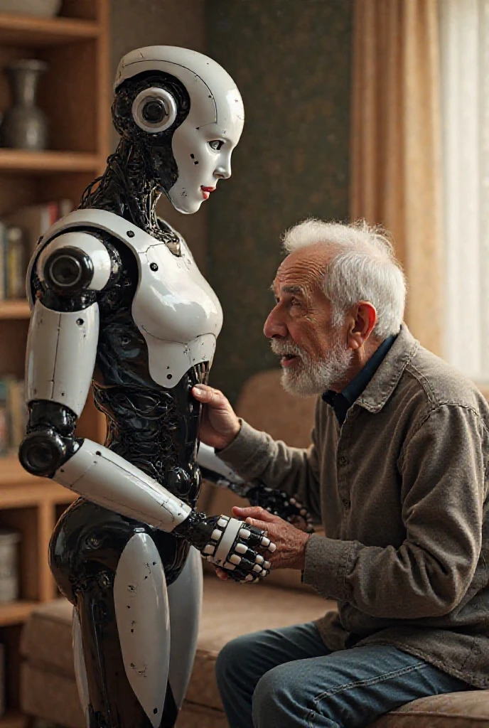 Robot man, written IOI on the arm with the appearance of a man, and an elderly man in a wheelchair, one embracing the other
