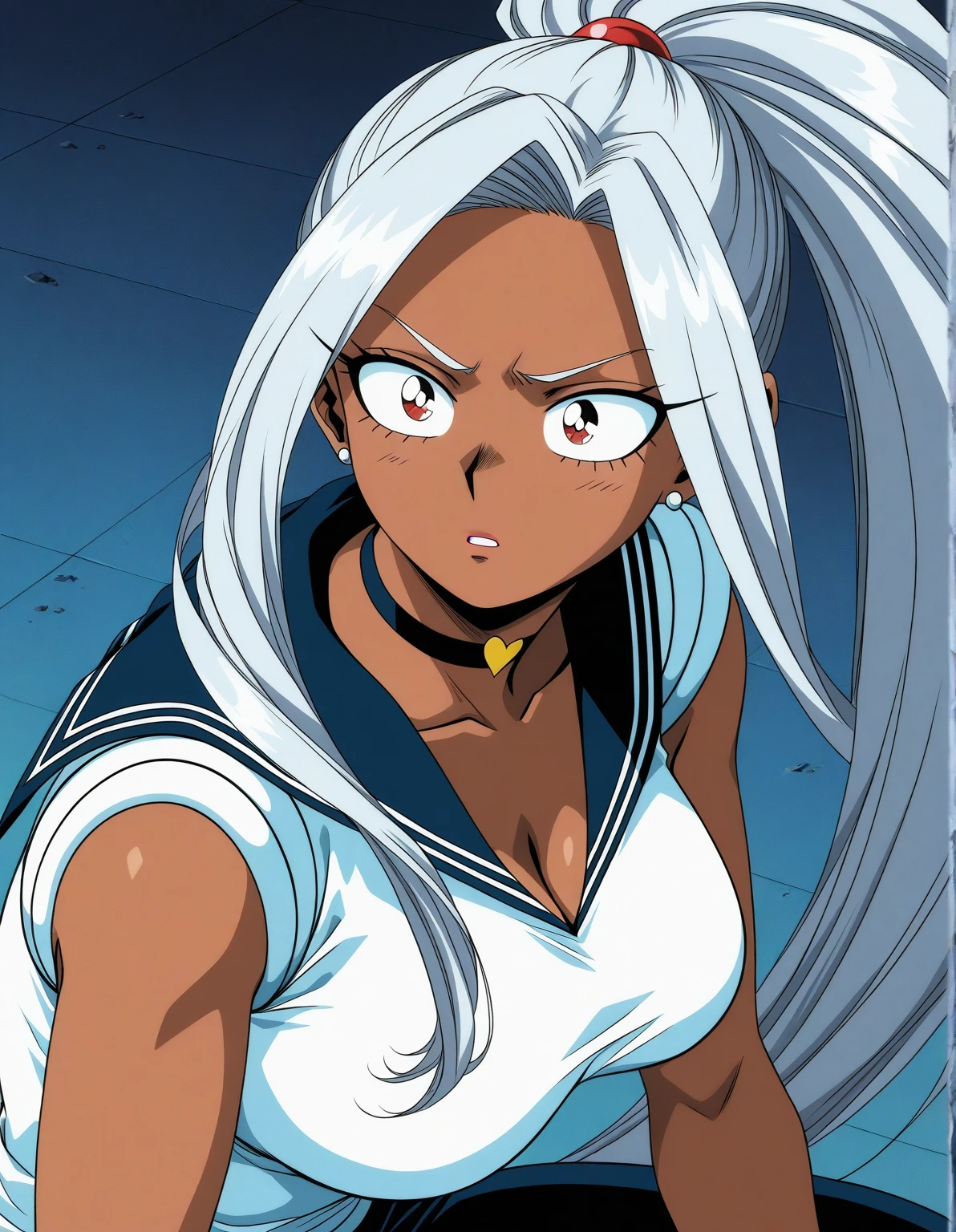 Brown skin beautiful sexy anime girl with long silver hair & yellow eyes, clenching her fists, fight idle pose, wearing blue sleeveless button up collared shirt & beige khaki pants, inside of a dark cave in a dark night sky, 1girl