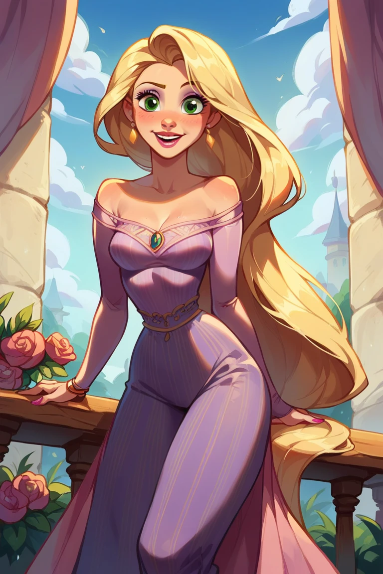 One girl, Rapunzel blushed, dark skin, sweating, flirty face, wet_dress, transparent_dress, , pussy,