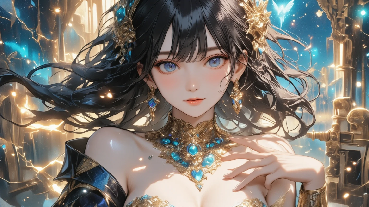 (only one person),Dark sky,((Winter)),dark clouds,Ice Crown,goddess,(Short flowing hair),Sexy,noble,grace
